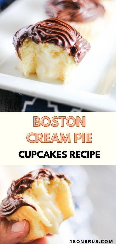 Filled Cupcakes Easy, Cream Pie Cupcakes, Boston Cream Cupcakes, Boston Cream Pie Cupcakes, Chocolate Buttercream Recipe, Get Stuffed, Yellow Cupcakes, Pie Cupcakes, Homemade Custard