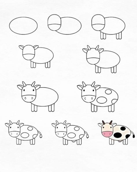 Easy Cow Drawing, Cow Drawing Easy, Kids Drawing Ideas, Cow Drawing, Drawing Tutorials For Kids, Easy Drawings For Kids, Baby Drawing, Drawing For Kids, Preschool Crafts