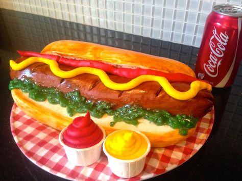 A cake that I made for my kids school fundraiser:) Hot Dog Cake, Hot Dog Cakes, Hot Dog Party, Hamburger Cake, 95th Birthday, Realistic Cakes, Dessert Recipies, Dog Birthday Cake, Dog Cake