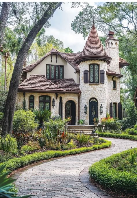 Homes With Turrets, Whimsical Architecture, Turret House, Cottage Mansion, European Houses, House With Land, Queen Anne House, Cottage Houses, Fantasy Houses