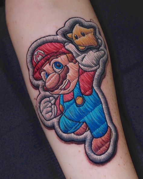 Embroidery Tattoo Ideas, Patch Tattoos, Super Mario Tattoo, Embroidery Tattoos, Geometric Tattoo Leg, Patch Tattoo, Mario Tattoo, Persian Tattoo, Embroidery Tattoo