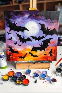 Halloween Witch Painting Ideas, Kids Halloween Canvas Painting Ideas, Acrylic Painting Canvas Halloween, Halloween Crafts On Canvas, Paint Night Halloween, Spooky Paintings Easy Step By Step, Halloween Painting Ideas For Beginners, Spooky Halloween Canvas Painting, Halloween Sunset Painting