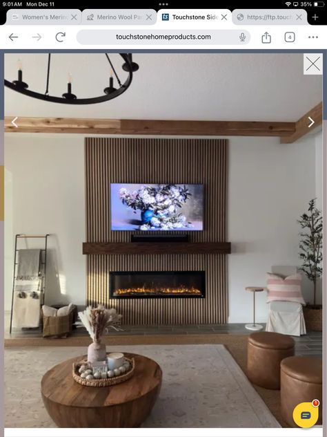 Electric Fireplace Slat Wall, Wood Slat Wall With Tv And Fireplace, Electric Fireplace Wood Slats, Fireplace Tv Wall Wood Slats, Electric Fireplace Accent Wall, Tv And Fireplace Wall, Electric Firellace Tv Wall, Wall Cladding Designs, 70” Electric Fireplace