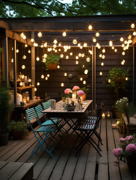 String Light Terrasse – Nymphs String Lights Home, Small Back Deck Ideas Decor, Simple Patio Ideas On A Budget, Small Pergola Ideas, Pergola Patio Decor Ideas, Patio With String Lights, Mediterranean Outdoor Patio, Mediterranean Backyard Ideas, Patio Lights String Ideas