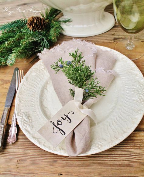 Farmhouse Christmas. Joy Gift Tags as Napkin Place Cards. Hogg Barn Antiques French Farmhouse Christmas, Christmas Place Setting, Christmas Dinner Table Settings, Christmas Dining Table Decor, Gift Tag Christmas, Christmas Place Settings, Holiday Tablescape, Christmas Place Cards, Gift Tags Christmas