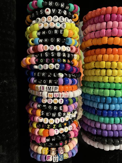 Kandy Ideas Rave, Funny Pony Bead Bracelets, Candy Bead Bracelet Ideas, Kandi Word Ideas, Scene Bracelets Ideas, Bracelet Word Ideas, Pony Bead Bracelets Ideas, Kandi Bracelets Ideas, Rave Bracelets