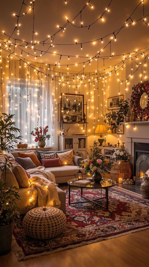 Cozy Lighting Living Room Bedroom Lighting Ideas Hanging Cozy, Fairy Light Hallway, Home Decor Ideas Led Lights, Cozy Living Rooms String Lights, String Lights Basement, Bedroom Fairy Lights Ceiling, Fairy Lighting Ideas, Hanging Decorations From Ceiling Living Room, Fairy Lights Decoration Ideas