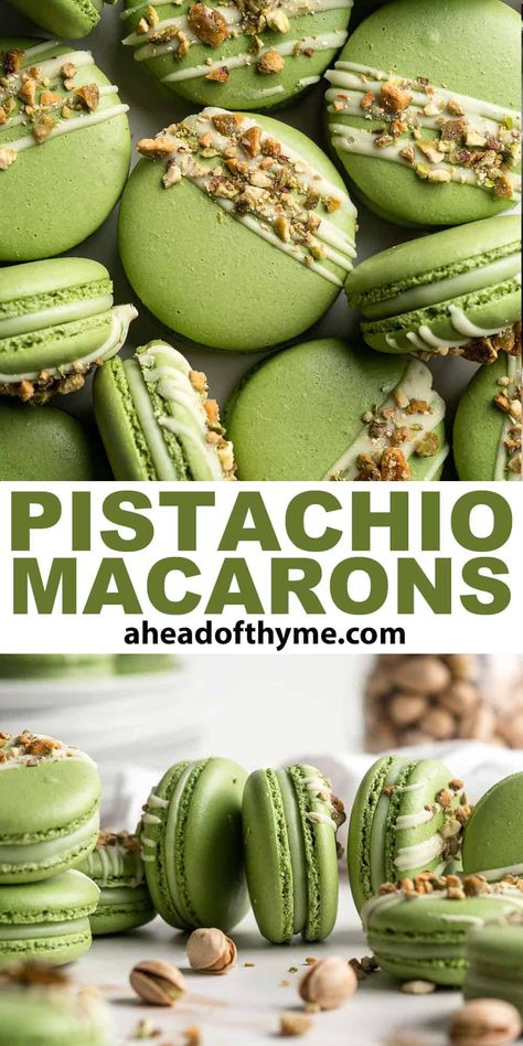 Green And White Macarons, Animal Cracker Macarons, Pistachio Macaron Filling, Sage Green Macarons, Pistachio White Chocolate Cookies, Fun Macaron Flavors, Green Pastries, Grinch Macarons, Fall Macaron Flavors