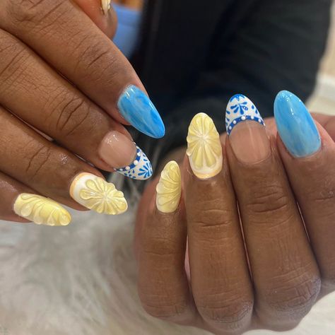 Ready for Italy 🇮🇹🩵💛🍋　 We replaced Lemon instead of Oranges since she likes lemon 🍋💛☀️ inspo: @amys.clients ✨@mj_nailbizz ✨ I'm currently at 📍From M tokyo in Yorkville, Toronto 🇨🇦 #occasionalnails #lemonnails #summernails #summervibes #happynails #夏ネイル #torontonails #texturednails #fruitnails #trendynails #gelx #almondnails #fruitart #海外ネイル Mamma Mia Inspired Nails, Italy Vacation Nails, Amalfi Coast Nails, Italy Inspired Nails, Lemon Nails Designs, Mediterranean Nails, Nails Lemon, Italy Nails, Yorkville Toronto