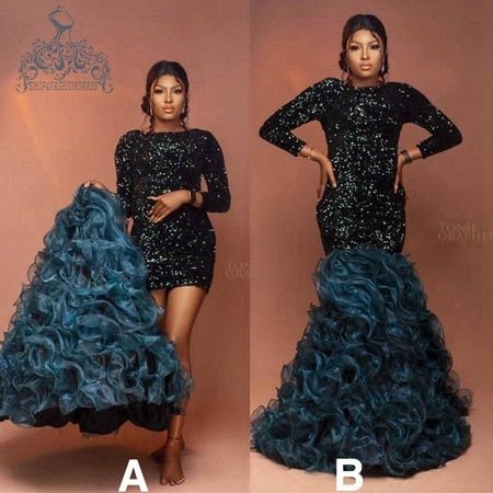 Sequence Dinner Gown Styles, Organza Ruffles Dress, Detachable Dress, Ruffled Mini Sequin Dress For Evening, Luxury Sequin Ruffle Dress For Night Out, Dinner Gowns Nigerian Short, Dinner Gowns Evening Dresses Nigerian, Short Sequence Gown Styles In Nigeria, Short Lace Gown Styles Nigerian