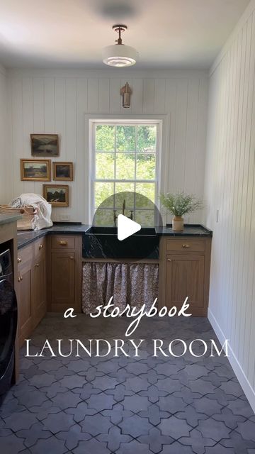 Lauren Liess | From spare closet to storybook laundry room ✨ We love adding (totally charming) function into every square inch of a house!   This sweet... | Instagram V Groove Paneling Kitchen, Soapstone Countertops Laundry Room, Laundry Room Brown Cabinets, Sink Skirt, Lauren Liess, Oak Cupboard, Soapstone Countertops, Antique Paintings, Brown Cabinets