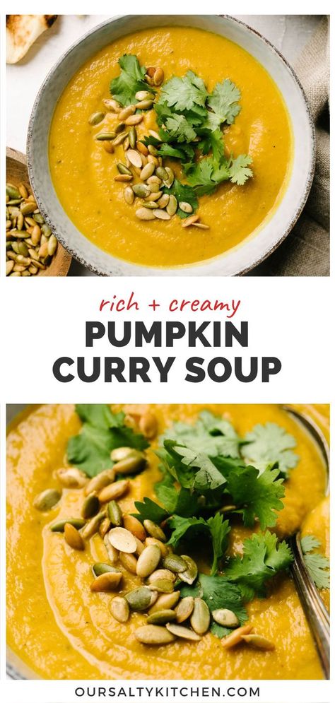 Two images of pumpkin curry soup garnished with peptias and fresh cilantro with a title bar in the middle that reads "rich and creamy pumpkin curry soup". Curried Pumpkin Soup Recipe, Healthy Fall Soups, Pumpkin Curry Soup, Soup Recipe Healthy, Curry Soup Recipes, Creamy Soup Recipes, Coconut Milk Soup, Pumpkin Curry, Pumpkin Soup Recipe