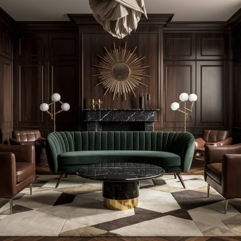 Classic meets contemporary in this mid-century inspired dark living room 🛋️✨. Velvet textures and golden accents add that perfect luxe touch! 💚💫. Mid Century Modern Living Room Dark, Dark Mid Century Modern Living Room, Luxury Lounge Interior, Moody Mcm, Dark Maximalist Decor, Dark Mid Century Modern, Moody Academia, Moody Mid Century Modern, Mid Century Modern Dark