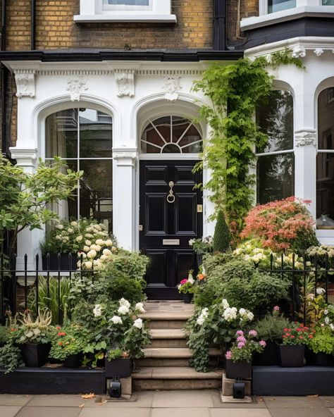 a victorian property in London with a small front yard and steps up to a black front door Row House Front Yard, Small Victorian Front Garden, Town House Front Garden, Brownstone Front Door, Townhouse Front Yard, Front Garden Steps, London Front Door, London Front Garden, Town House