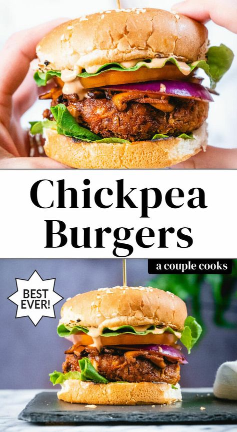 Grillable Veggie Burger, Vegan Chickpea Burger, Legume Recipes, Vegetable Meals, Chickpea Burgers, Main Recipes, Vegetarian Mains, A Couple Cooks, Chickpea Burger