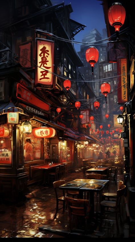 Chinatown Concept Art, China Street Photography, Tokyo Aesthetic Wallpaper Desktop, Steampunk Japan, Jungle City, Aesthetic Buildings, Red District, Japanese Punk, Scene Ideas