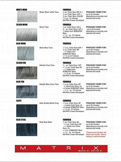 Silver hair formulas using Matrix @ElizabethJoAnneHair                                                                                                                                                                                 More Matrix Hair Color Chart, Matrix Hair Color, Hair Formulas, Matrix Hair, Colored Hair Tips, Matrix Color, Hair Color Formulas, Hair Color Chart, Silver Hair Color