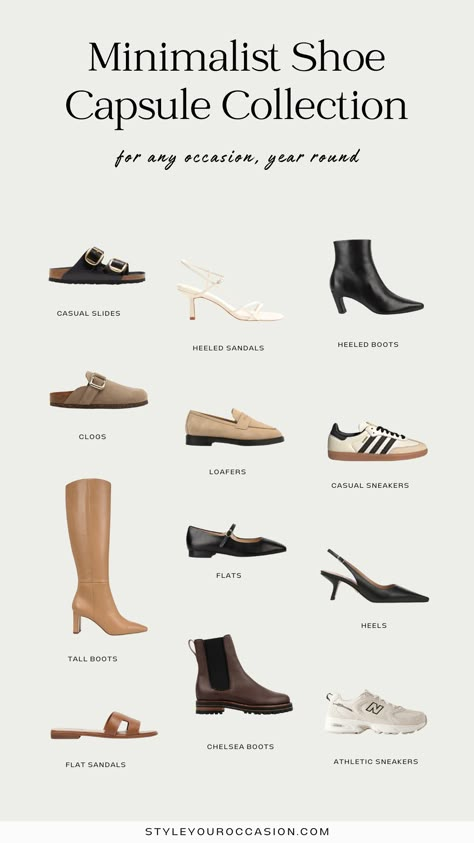 Looking to build a minimalist women’s shoe capsule wardrobe for 2025? My guide will help you create a shoe collection with options for every season and occasion! A stylish women’s wardrobe needs great shoes, so I’m sharing the best shoes for women, including sneakers, boots, heels, mules, loafers, and more. 2025 shoe trends, fall shoes, winter boots, spring shoes, timeless shoes for women 2025 Women Shoe Trends, Modest Shoes Women, Capsule Shoes Wardrobe, Shoes Women Should Have, Classic Wardrobe Shoes, Staple Shoes To Have, Shoes Everyone Needs, Basic Footwear For Women, Minimal Shoe Collection