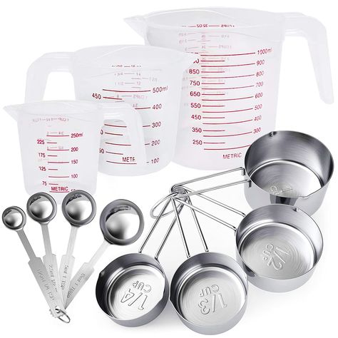 PRICES MAY VARY. ✓ MULTIPLE SIZES: Meet all your needs on cooking and baking. Includes 4 metal measuring cups (1/4 cup, 1/3 cup, 1/2 cup,1 cup) 3 plastic liquid measuring cup (1 cup/250 ml, 2cup/500 ml, 4 cup/1000 ml) and 4 metal measuring spoons (1/4 tsp, 1/2 tsp, 1 tsp, 1 tbsp). stainless measuring spoons and cups add versatility and functionality to your kitchen. ✓ STURDY AND DURABLE: Made of durable stainless steel unbreakable high quality rust proof, heavy duty, professional polished 18/8 ( Dry Measuring Cups, Stainless Steel Measuring Cups, Measuring Cups And Spoons, Measuring Cups & Spoons, Measuring Cups Set, Gadgets Kitchen Cooking, Spoons Set, Liquid Measuring Cup, Pottery Crafts