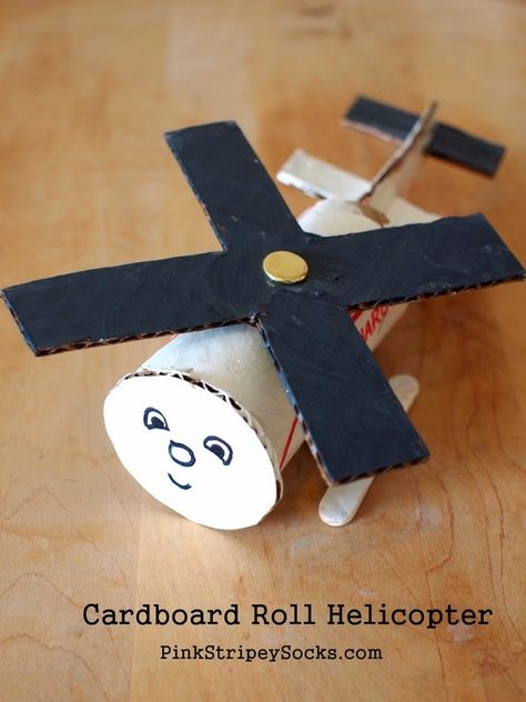 Easy cardboard roll helicopter kids' craft.  The rotor actually spins! Get ready for some high flying fun! Transportation Crafts For Kids, Helicopter Craft, Grandparents Day Crafts, Airplane Crafts, Toilet Roll Craft, Transportation Crafts, Cardboard Rolls, Homemade Toys, Toilet Paper Roll Crafts