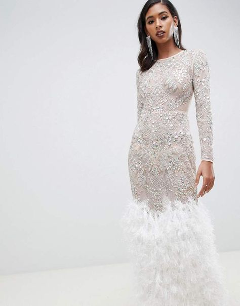 ASOS DESIGN Embellished Sequin Maxi Dress with Faux Feather Trim White Feather Dress, Gold Beaded Dress, Feather Trim, Sequin Maxi Dress, Sequin Maxi, Feather Dress, Night Out Dress, Red Prom Dress, Dresses Uk