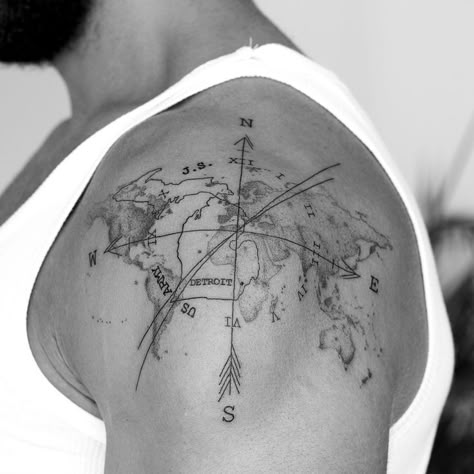 #tattoo #tattoos #inked #tattooart #tattooed #tattooideas #tattoodesign #tattooinspiration #tattoosleeve #tattooflash #inkedgirls #tattooedwomen  #InkLaughs  #TattooFails Compass Theme, Tattoo Map, World Map Tattoo, Compass Tattoo Men, World Map Tattoos, Globe Tattoos, Map Tattoo, Map Tattoos, Inspiration Tattoos