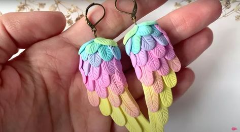 How to Make Polymer Clay Wing Earrings in Angelic Rainbow Colors | Upstyle Polymer Clay Angel Wings Earrings, Polymer Clay Angel Wings, Clay Angel Wings, Embroider Clothes, Clay Wings, Polymer Clay Angel, How To Make Wings, Angel Wings Earrings, Making Polymer Clay