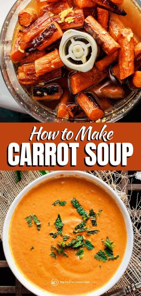 Meal Prep Carrots, Carrot Potage, Roasted Carrot Ginger Soup, Mediterranean Soups, Clean Soup, Carrot Ginger Soup Recipe, Roasted Carrot Soup, Carrot Dishes, Creamy Carrot Soup