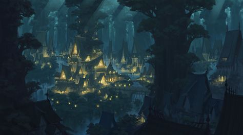 There's a wonderful sense of warm light & atmosphere in Moon City by SiChen Wang  #conceptart #fantasyart Mythical Landscapes, Elven Village, Elf City, Moon City, Fantasy Writing, Background Inspiration, Fantasy Worlds, Wood Elf, Forgotten Realms