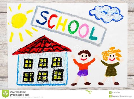 Childs Drawing, First Day At School, Colorful Drawing, School Illustration, First Day School, Happy Children, School School, School Building, Colorful Drawings