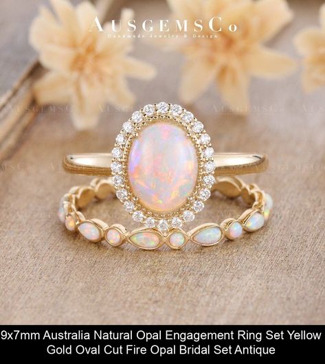 9x7mm Australia Natural Opal Engagement Ring Set Yellow Gold Oval Cut Fire Opal Bridal Set Antique Halo Diamond Wedding Promise Women Gift Gold Wedding Ring Set, Opal Engagement Ring Set, Antique Rings Vintage, Detailed Engagement Ring, Wedding Promises, Opal Engagement Ring, Engagement Rings Opal, Opal Engagement, Gold Wedding Ring