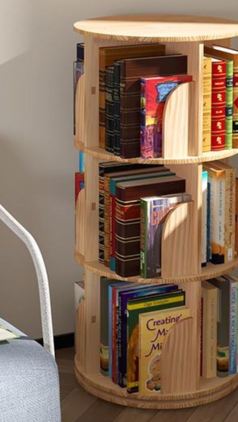 Love books? Love a tidy home? This rotating bookshelf is the perfect solution! Organize your favorite reads in a space-saving and stylish way Book Shelf Ideas Bedroom Small Spaces, Small Library Design, Book Shelf Ideas Bedroom, Bookshelves For Small Spaces, Rotating Bookshelf, Revolving Bookcase, Stackable Shelves, Bookshelf Organization, Small Bookshelf