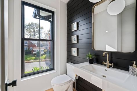 Portfolio – Design Pro Remodeling Pedistool Sink, White Half Bathroom, Black And White Half Bathroom, Dark Shiplap, Modern Half Bath, White Pedestal Sink, Half Bath Design, Dark Bathroom Ideas, White Pedestal