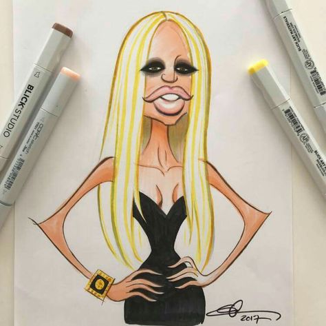 Donatella Versace by Glen Hanson Versace Drawing, Glen Hanson, Versace Design, Caricature Drawing, Donatella Versace, Famous Celebrities, Design Sketch, Famous People, Amazing Art