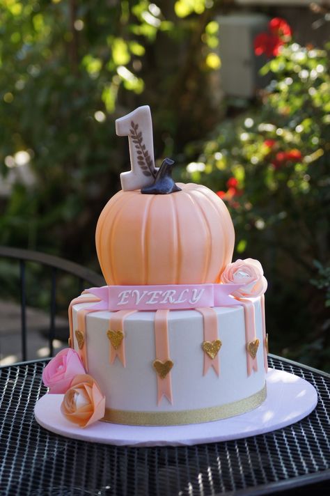 Pumpkin Birthday Cake Cute Tiered Birthday Cake With Pumpkin Top Decorated Cake Birth Pumpkin Birthday Cake, Tiered Birthday Cake, Pumpkin Patch Birthday, Fall First Birthday, Fall 1st Birthdays, Halloween First Birthday, Pumpkin Birthday Parties, Savory Cakes, Pumpkin 1st Birthdays