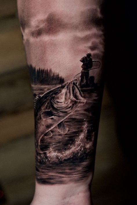 Bass fishing Black and Grey Realism Tattoo  Black and Grey Realism Tattoo Artist from Quebec, Canada Trout Fishing Tattoo, Bass Fish Tattoo For Men, 90s Country Tattoo, Fishing Tattoo For Men Forearm, Father Son Fishing Tattoo, Fishing Sleeve Tattoo, Nature Leg Sleeve Tattoo, Bear Back Tattoo, Black And White Realism Tattoos