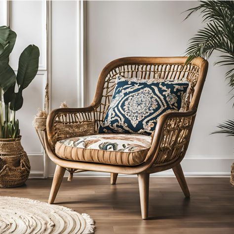 Transform your living space with this stunning modern boho chic armchair. Its elegant wicker frame and plush, patterned cushions offer the perfect blend of comfort and style. Ideal for creating a cozy reading nook or adding a touch of sophistication to any room, this armchair is a must-have for bohemian-inspired interiors. The intricate design and quality craftsmanship make it a standout piece that enhances your home decor effortlessly. Discover how this beautiful armchair can elevate your space.  #BohoChicFurniture #StylishArmchair #HomeDecorInspiration #BohemianInteriors #ModernBoho #LivingRoomDecor #InteriorDesign Bohemian Armchair, Boho Armchair, Bohemian Chair, Patterned Cushions, Armchair Bedroom, Modern Boho Chic, Bohemian Style Interior, Boho Chair, Inspired Interiors