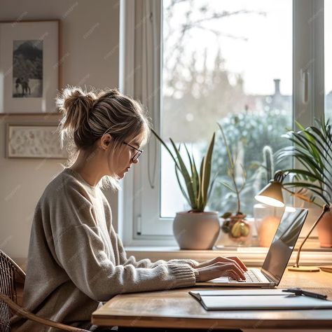 Premium Photo | Person working on laptop home office cozy lighting Person Working On Laptop, Working Pictures, Corporate Headshots Women, Office Photoshoot, Stock Photos People, Daily Picture, Work Vision Board, Work From Home Office, Indoor Shooting