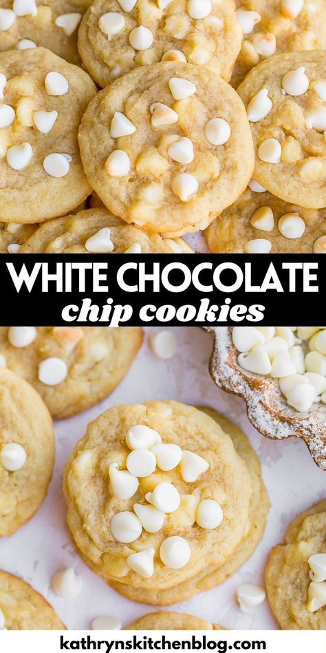 Soft White Chocolate Chip Cookies (One Bowl Recipe) Cookie Store, White Chocolate Recipes, Bakery Items, White Chocolate Chip, Bake Goods, White Chocolate Chip Cookies, Semi Homemade, Bar Cookies, Cupcake Decorating