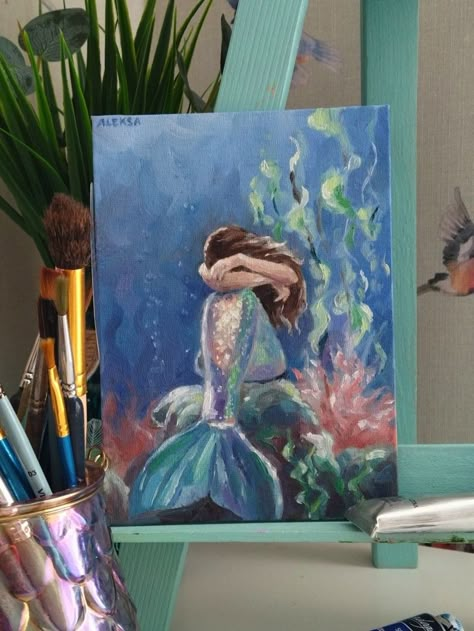 Mermaid Oil Pastel Art, Mermaid Paintings Acrylic, Mermaid Watercolor Painting, Aesthetic Watercolor Art, Textured Painting Ideas, Under Water Art, Mermaid Reference, Club Painting, Painting Mermaid