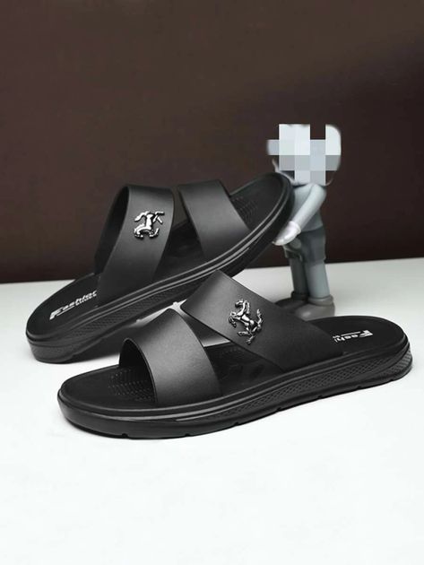 Men Metal Decor Double Strap Slides | SHEIN Non Slip Shoes, Sandals Casual, Open Toe Shoes, Toe Shoes, Metal Decor, Slide Sandals, Open Toe, Slides, Bts