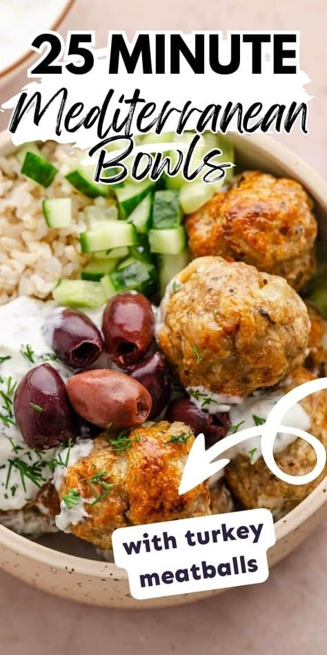 You’ll love this Mediterranean Rice Bowl - flavorful ground turkey meatballs with rice, chopped cucumber and zesty cucumber dip (tzatziki). Cook in the oven or air fryer for a delicious easy and healthy meal! Perfect for meal prep! Mediterranean Protein Bowl, Easy Mediterranean Diet Snacks, Turkey Mediterranean Recipes, Cheap Mediterranean Meals, Ground Turkey Recipes Mediterranean, Ground Turkey Mediterranean Bowl, Mediterranean Turkey Bowl, Mediterranean Bowls Healthy, Ground Turkey Meatballs Healthy