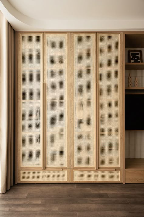 Japandi Wardrobe Design, Japandi Closet, Rattan Closet, Japandi Wardrobe, Rattan Cupboard, Wood Wardrobe Bedroom, Cane Wardrobe, Rattan Wardrobe, Rattan Bedroom