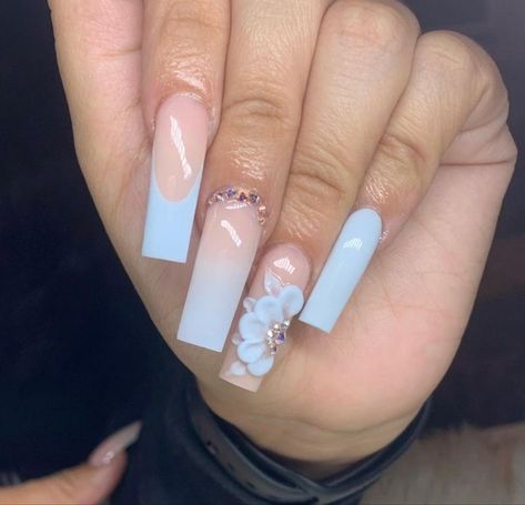 Blue Nails With 3d Flowers, Acrylic Nails 3d Flowers, Nails With 3d Flowers, Nails 3d Flowers, Nail Suggestions, Acrylic Nails 3d, 3d Nail Designs, Light Blue Nails, Baby Blue Nails