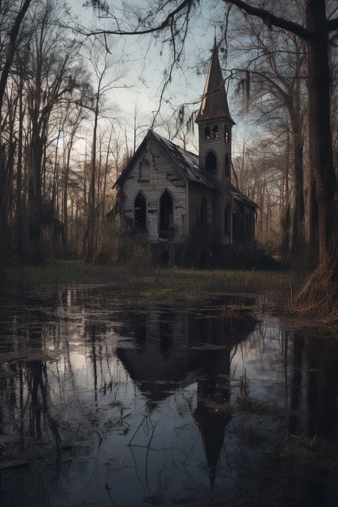 Southern Gothic Art, Swamp Architecture, Abandoned House Aesthetic, Southern Gothic Landscape, Southern Gothic Photography, Abandoned Village Aesthetic, Creepy Village, Abandoned Places Aesthetic, Gothic Village