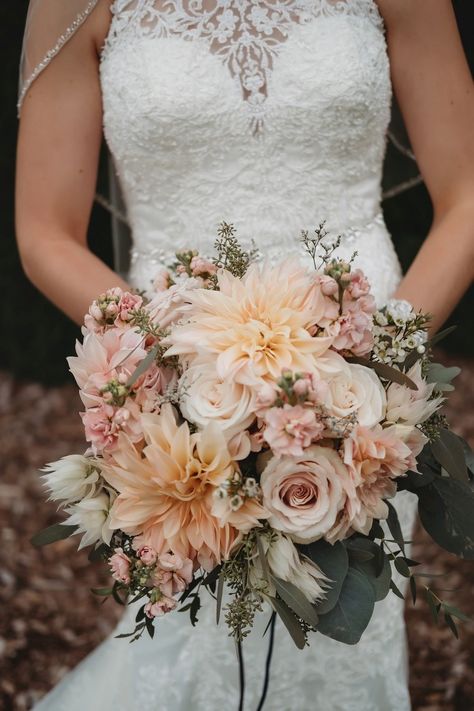 Wedding Bouquet Dahlia Eucalyptus, Dalia And Peony Bouquet, June Bride Bouquet, Blush Dahlia Bouquet, Blush Fall Wedding Flowers, Flowers For June Wedding, Wedding Flowers Dahlias, Wedding Bouquet With Dahlias, Eucalyptus And Blush Wedding