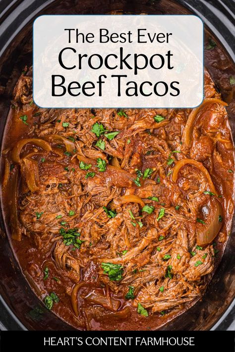 ransform your weeknights with these tantalizingly easy Crockpot Beef Tacos 🌮! Tender, slow-cooked beef bursting with flavor, perfect for a hassle-free family dinner. #CrockpotMagic Taco Roast Crockpot, Crockpot Beef Fajitas Slow Cooker, Pulled Beef Slow Cooker, Chuck Roast Tacos, Shredded Beef Tacos Recipes, Crockpot Taco Meat, Crockpot Beef Tacos, Slow Cooker Beef Tacos, Beef Taco Recipe