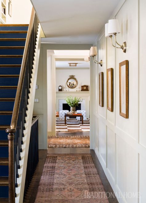 This Federal-Style Home Features a Seamless Mix of Modern Elements How To Decorate A Hallway, Wood Banister, Federal Style House, Floor Stain, Historic House, Foyer Decorating, Entry Hallway, Hallway Lighting, Entry Hall