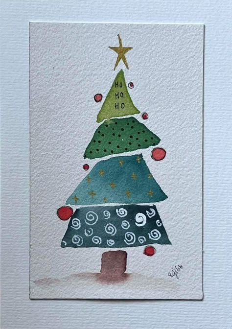 Christmas Tree Drawing Watercolor, Xmas Tree Watercolor, Waterpaint Christmas Card, Watercolor Christmas Cards Ideas Simple Diy, Easy Water Colour Christmas Cards, Christmas Card Ideas Handmade Drawing, Simple Painted Christmas Cards, Quirky Watercolor Paintings, Christmas Sketch Ideas Pencil