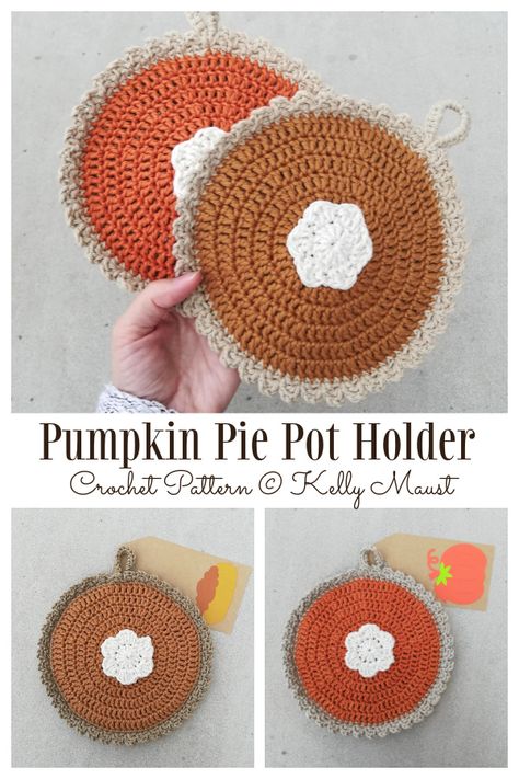 Delicious Pie Potholder Crochet Patterns - DIY Magazine Crochet Pumpkin Pie Hot Pad, Crochet Berry Pie Pot Holder, Pumpkin Pie Crochet Pot Holder, Pumpkin Pie Crochet Coaster, Thanksgiving Crochet Pot Holders, Crochet Pumpkin Hot Pad, Crochet Pumpkin Pie Potholder, Fall Market Crochet Ideas, Pumpkin Pie Crochet Pattern